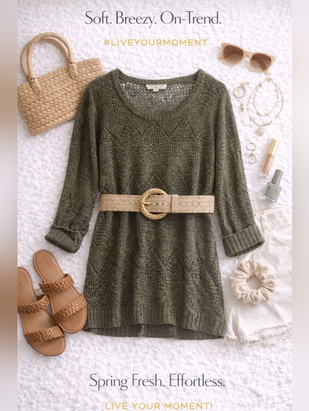 Text-ture Moment: Open-Knit Sweater In Olive Green. Sz XL